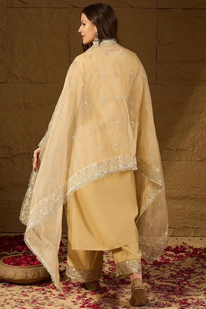 Yellow Silk Blend Solid Embroidered Straight Kurta Trousers With Dupatta PKSKD2938