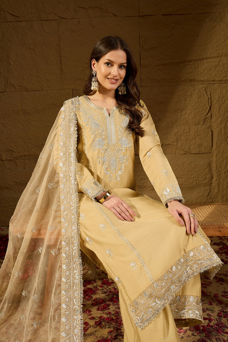 Yellow Silk Blend Solid Embroidered Straight Kurta Trousers With Dupatta PKSKD2938