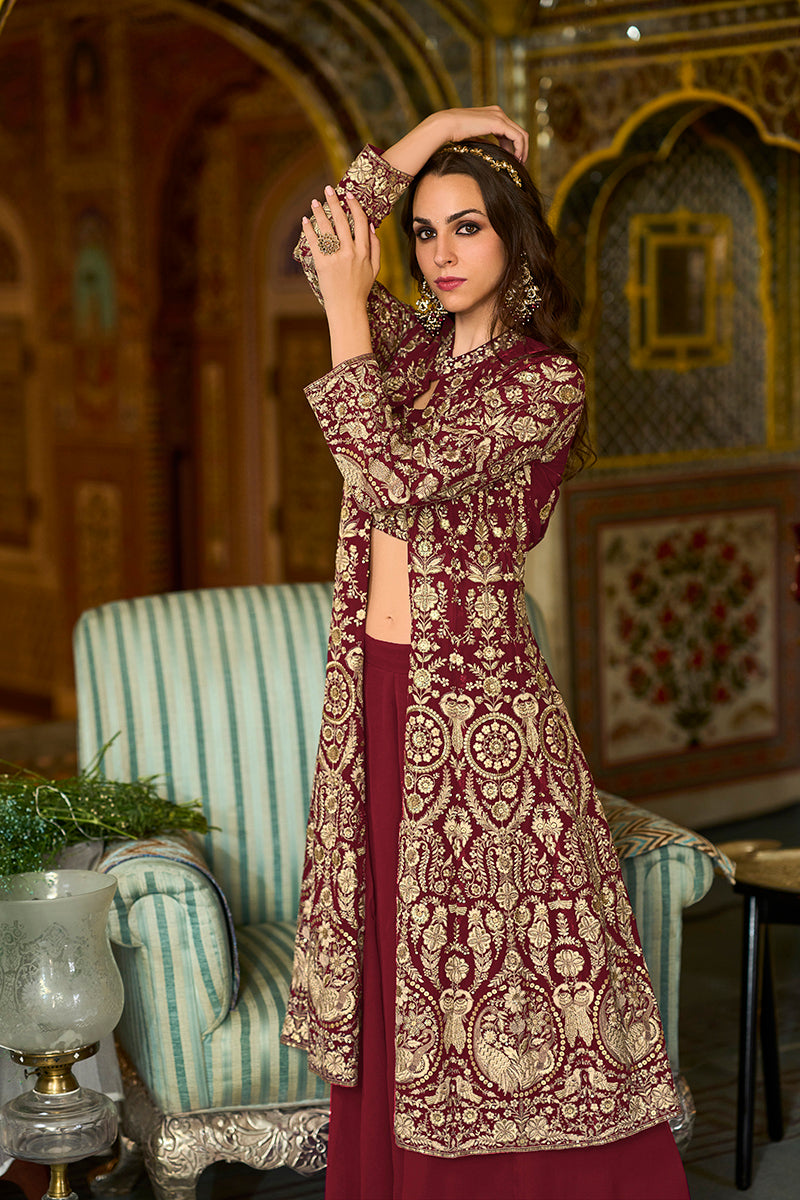 Maroon Georgette Embroidered Straighit Top Sharara With Shrug PKSKD2941