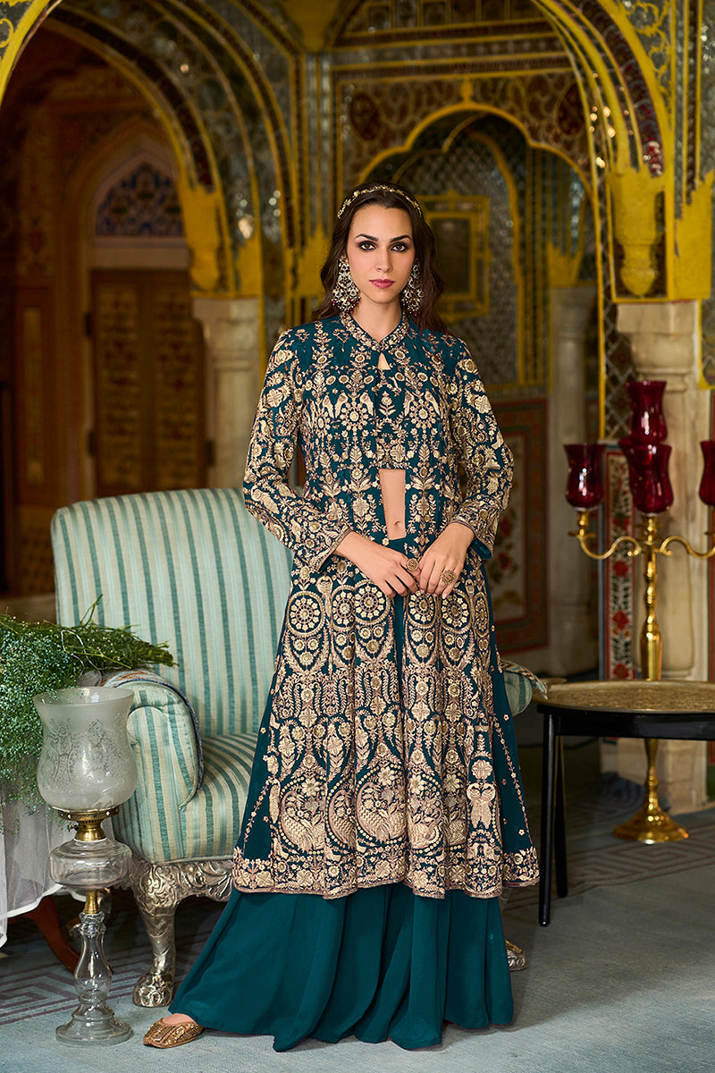 Teal Poly Georgette Embroidered Straighit Top Sharara With Shrug PKSKD2942