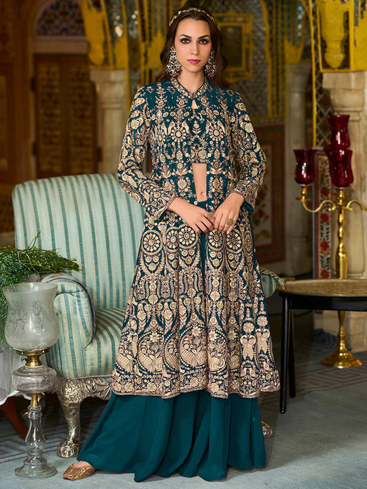Teal Poly Georgette Embroidered Straighit Top Sharara With Shrug PKSKD2942