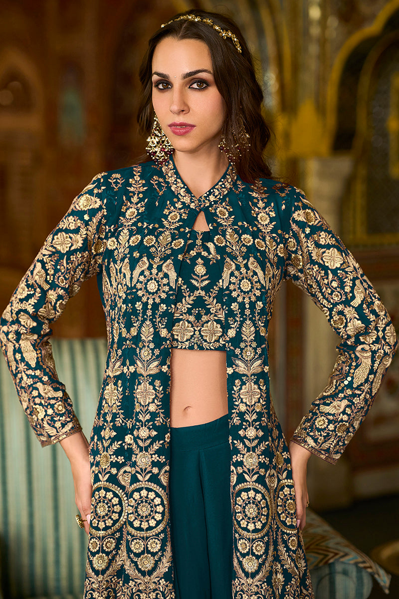 Teal Poly Georgette Embroidered Straighit Top Sharara With Shrug PKSKD2942