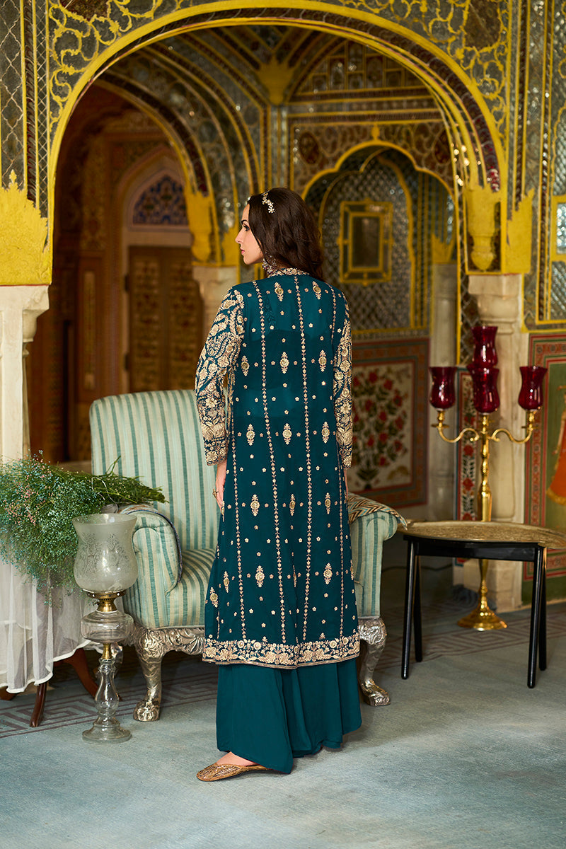 Teal Poly Georgette Embroidered Straighit Top Sharara With Shrug PKSKD2942