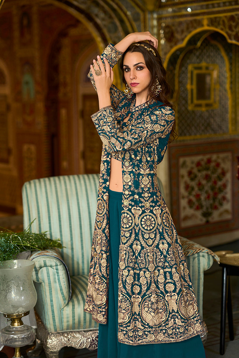 Teal Poly Georgette Embroidered Straighit Top Sharara With Shrug PKSKD2942