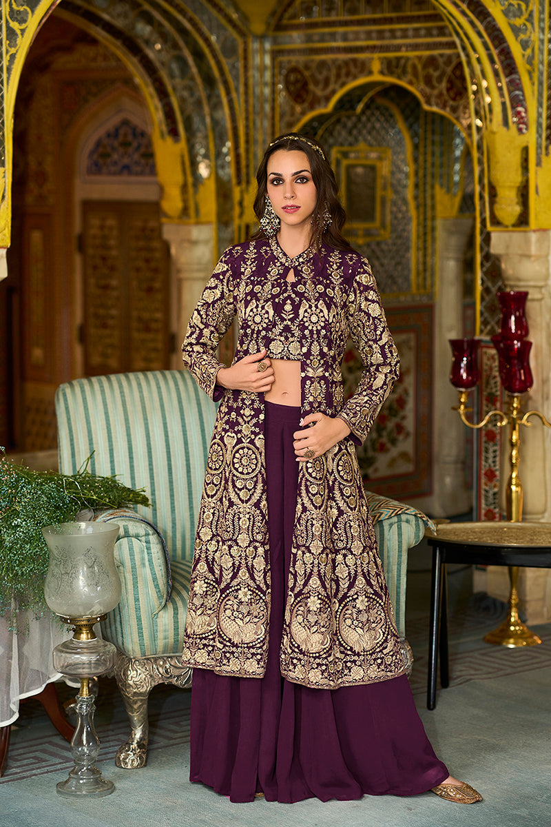 Purple Poly Georgette Embroidered Straighit Top Sharara With Shrug PKSKD2943