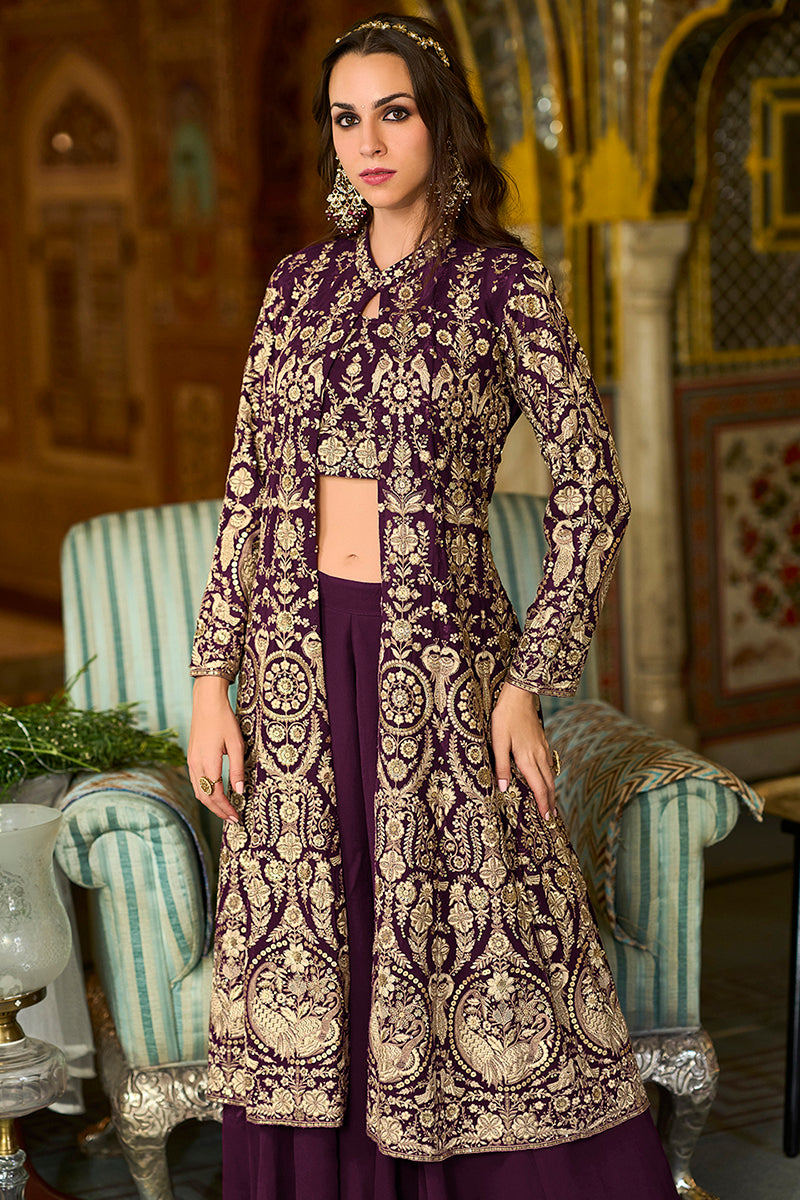 Purple Poly Georgette Embroidered Straighit Top Sharara With Shrug PKSKD2943