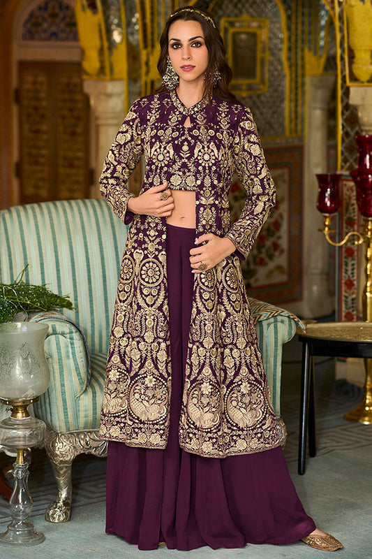 Purple Poly Georgette Embroidered Straighit Top Sharara With Shrug PKSKD2943