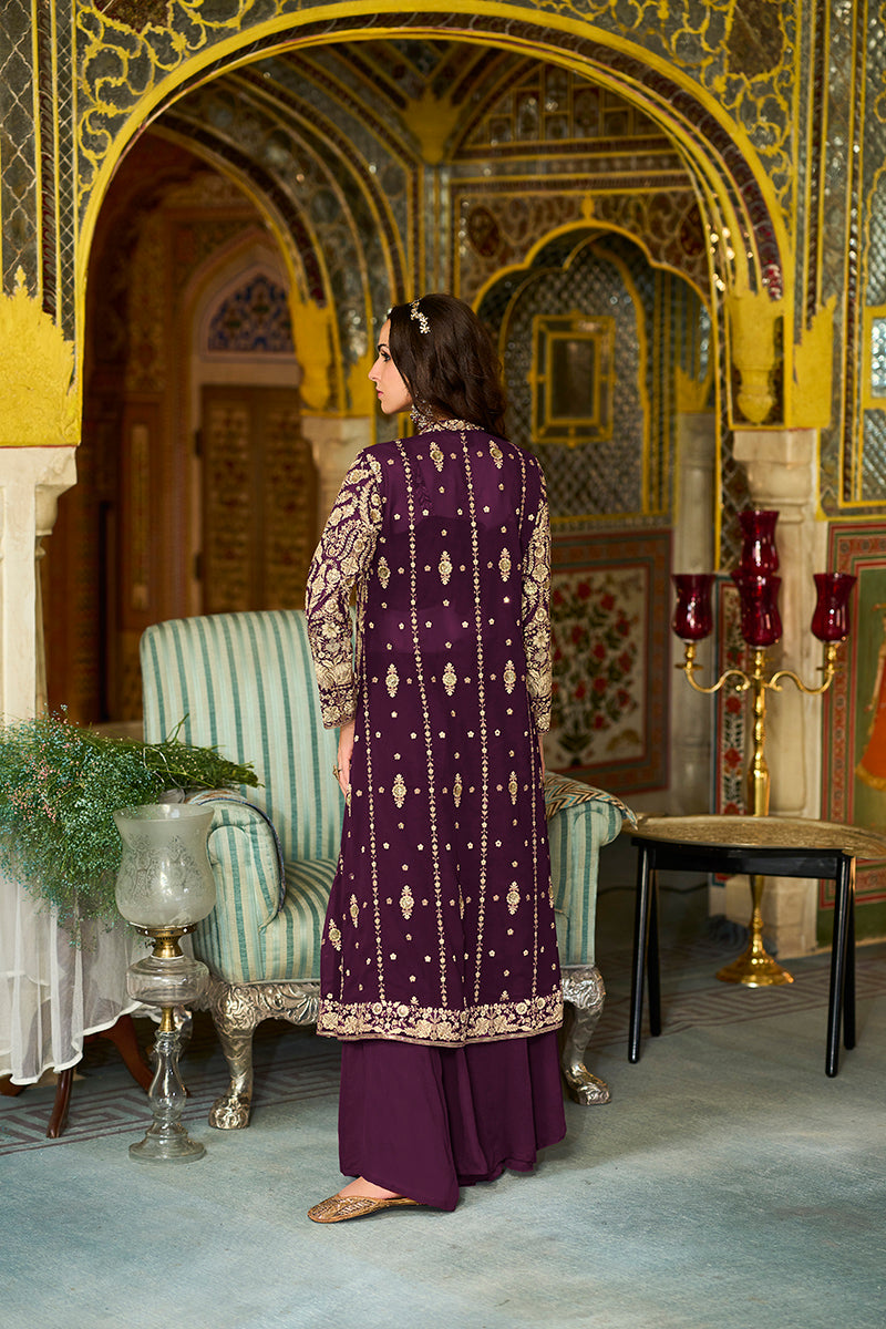 Purple Poly Georgette Embroidered Straighit Top Sharara With Shrug PKSKD2943