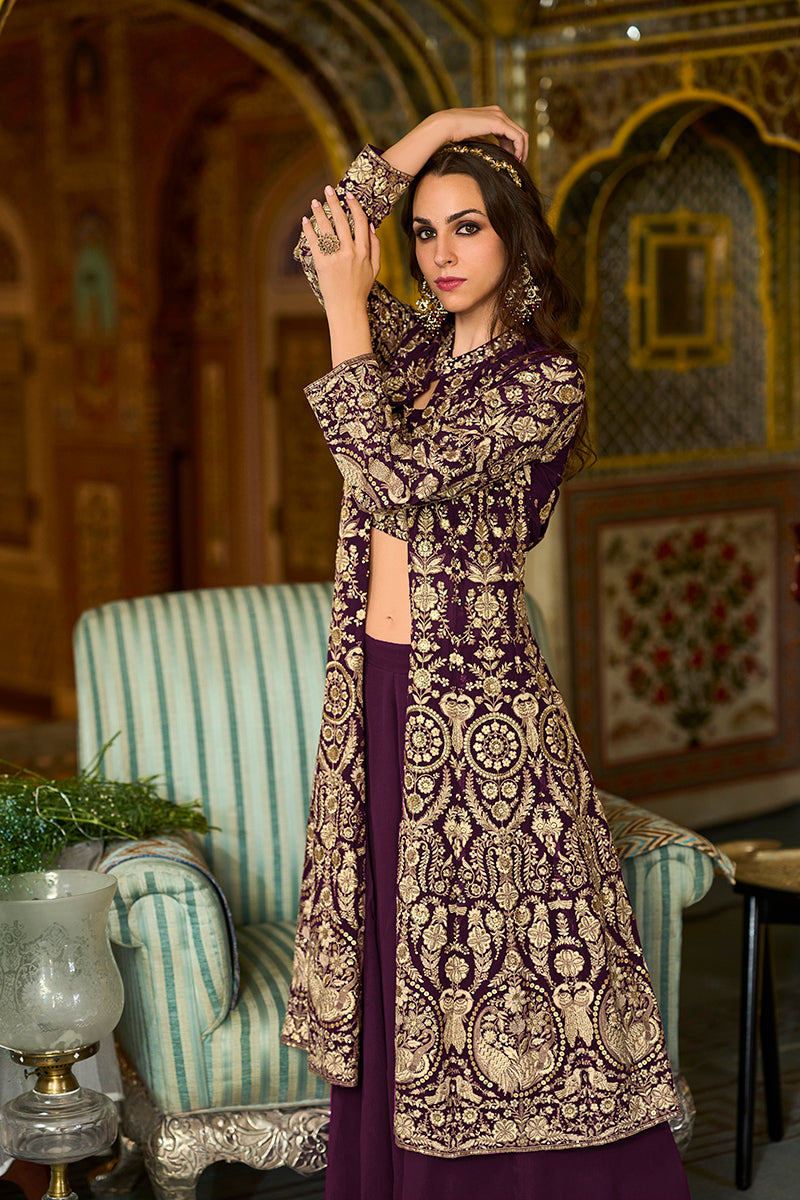 Purple Poly Georgette Embroidered Straighit Top Sharara With Shrug PKSKD2943