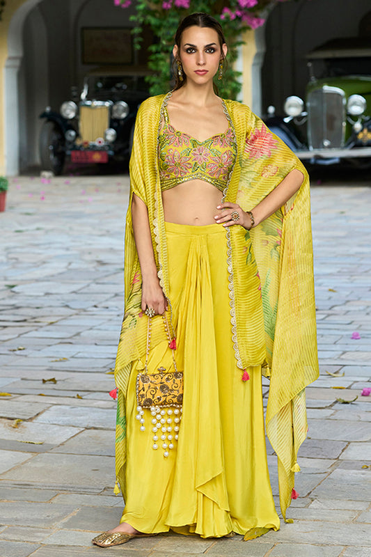 Yellow Chiffon Solid Embroidered Straighit Top Skirt With Shrug PKSKD2951