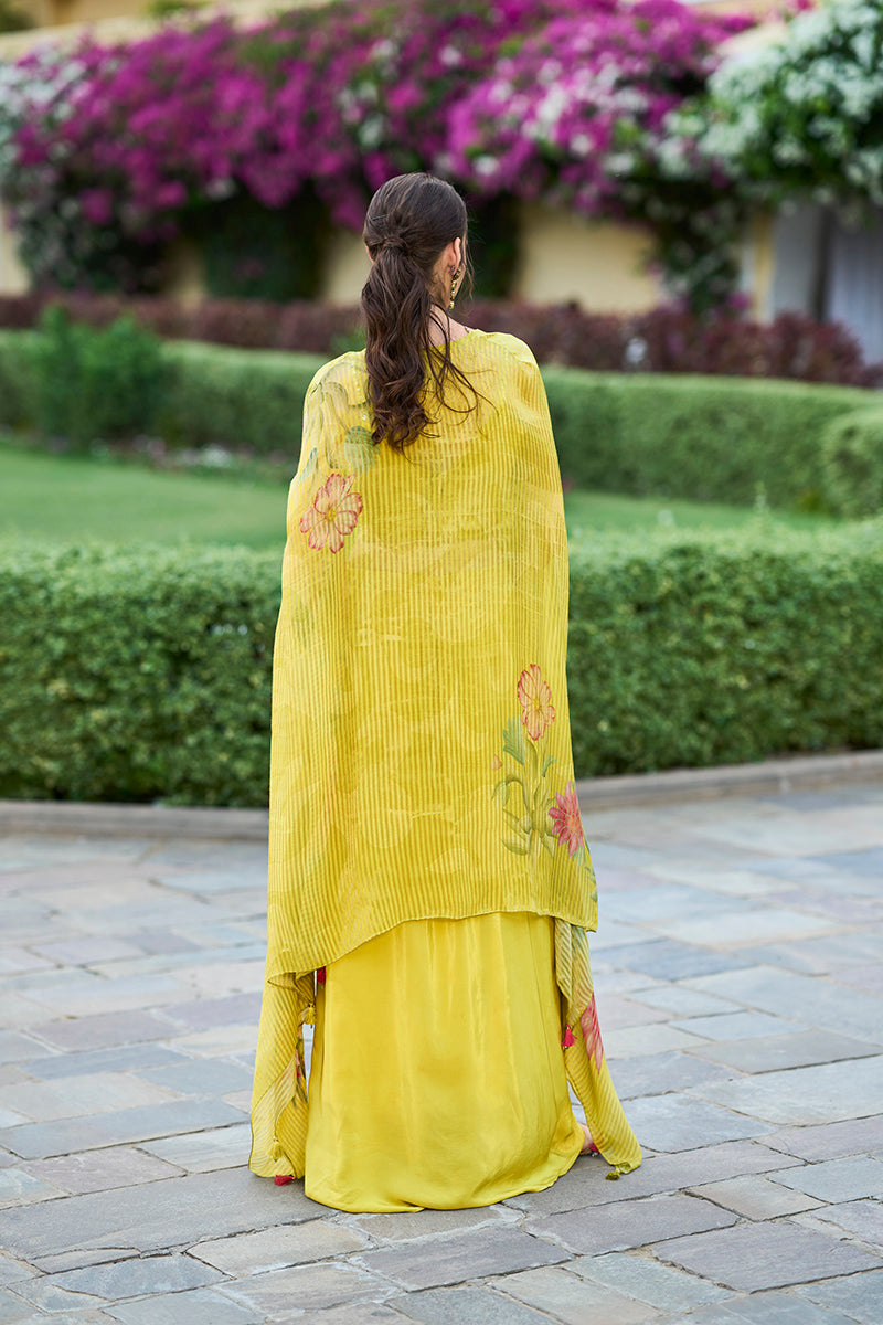 Yellow Chiffon Solid Embroidered Straighit Top Skirt With Shrug PKSKD2951