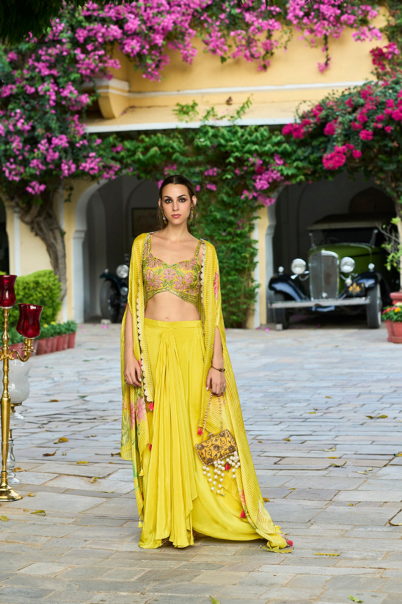 Yellow Chiffon Solid Embroidered Straighit Top Skirt With Shrug PKSKD2951