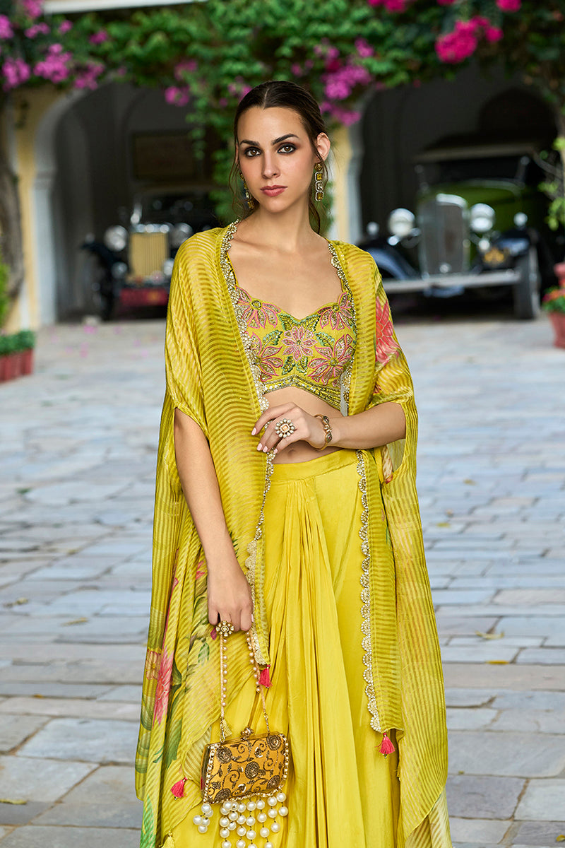 Yellow Chiffon Solid Embroidered Straighit Top Skirt With Shrug PKSKD2951