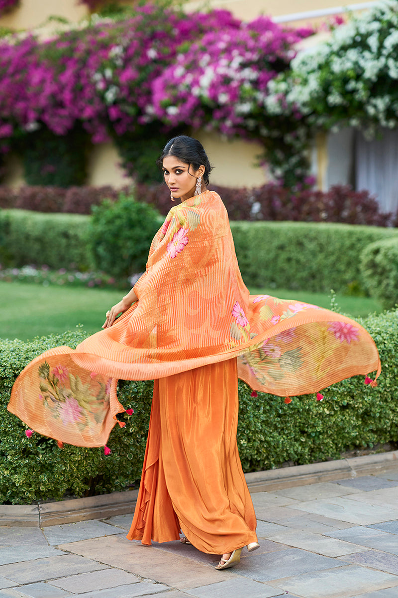Orange Silk Blend Embroidered Straighit Top Skirt With Shrug PKSKD2952