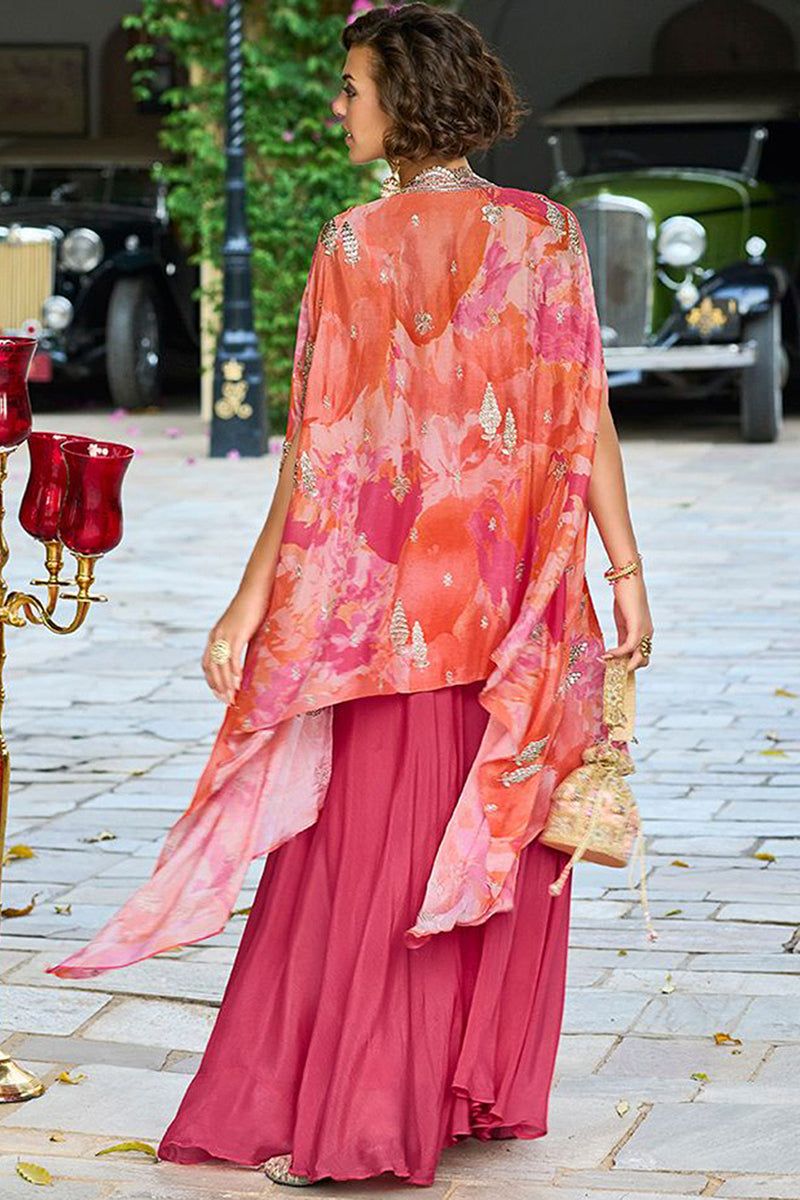 Pink Silk Blend Embroidered Straighit Top Skirt With Shrug PKSKD2953