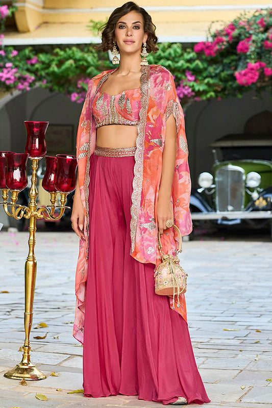 Pink Silk Blend Embroidered Straighit Top Skirt With Shrug PKSKD2953