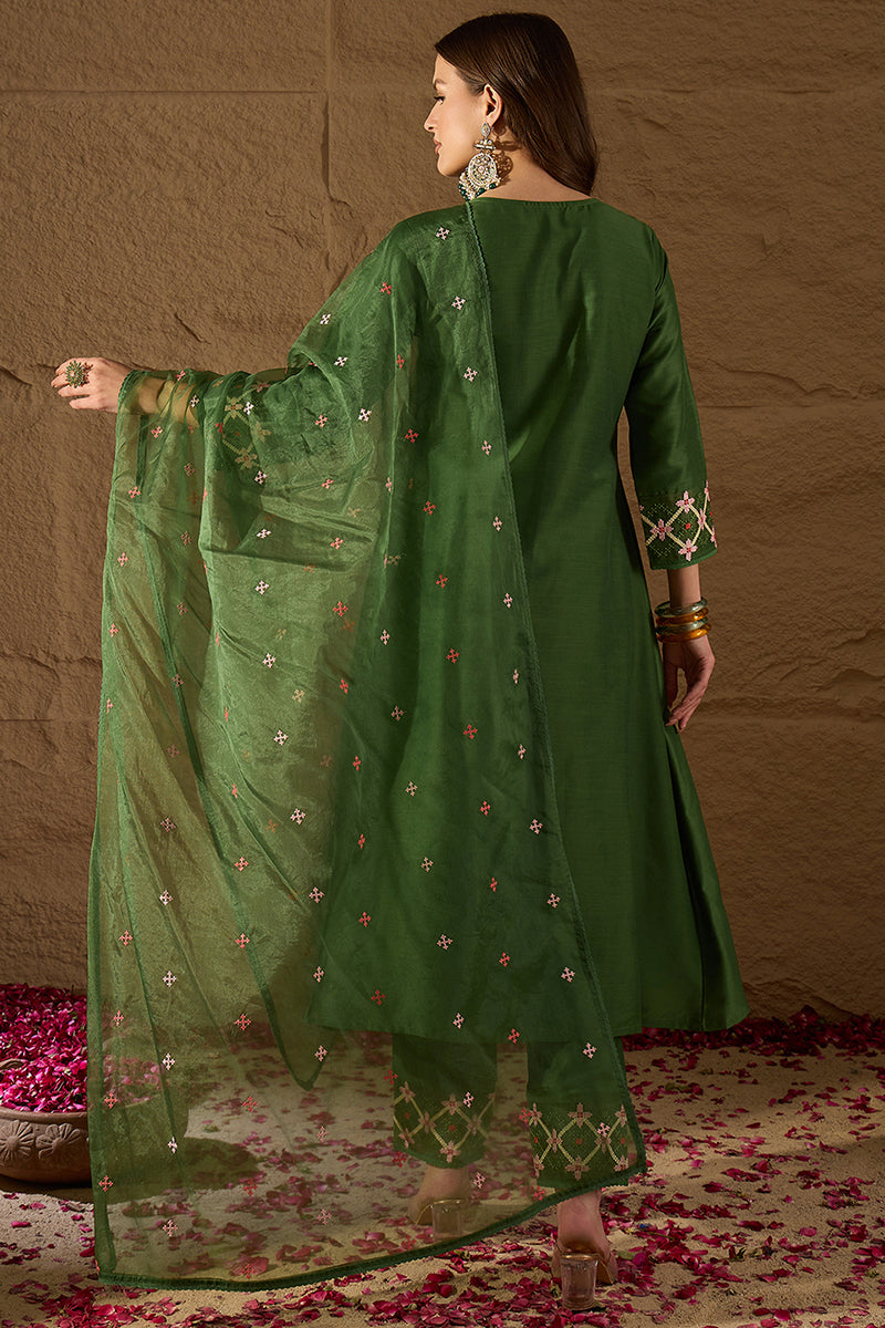 Green Silk Blend Solid Embroidered Straight Kurta Trouser and Dupatta PKSKD2982