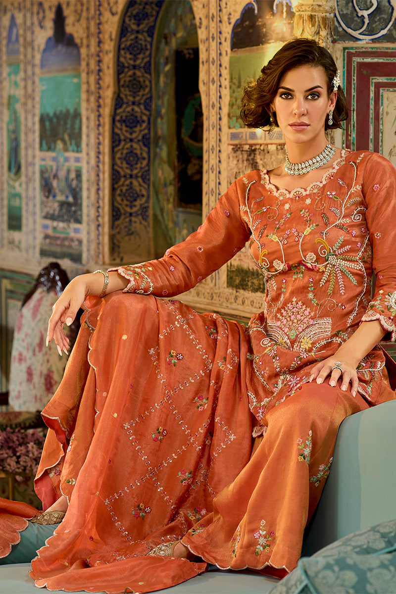 Orange Solid Embroidered Straight Kurta Palaazo with Dupatta PKSKD3003