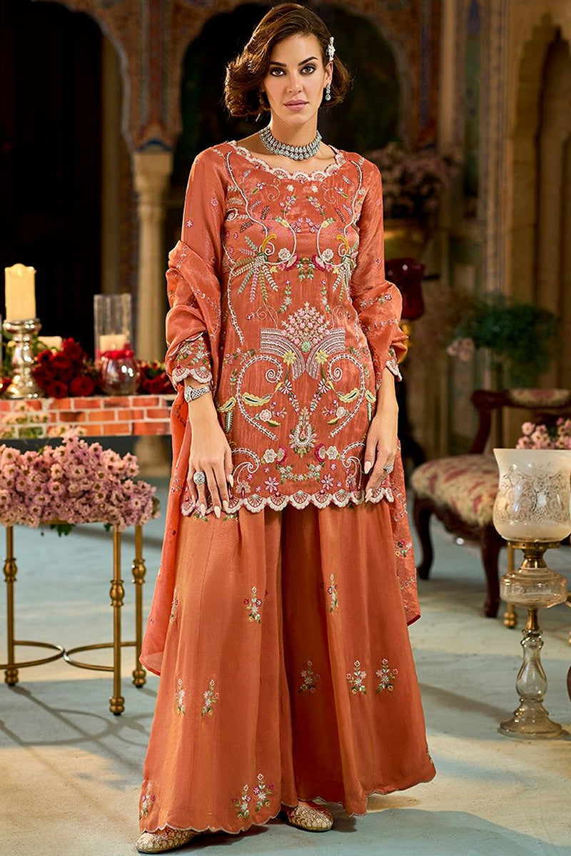 Orange Solid Embroidered Straight Kurta Palaazo with Dupatta PKSKD3003