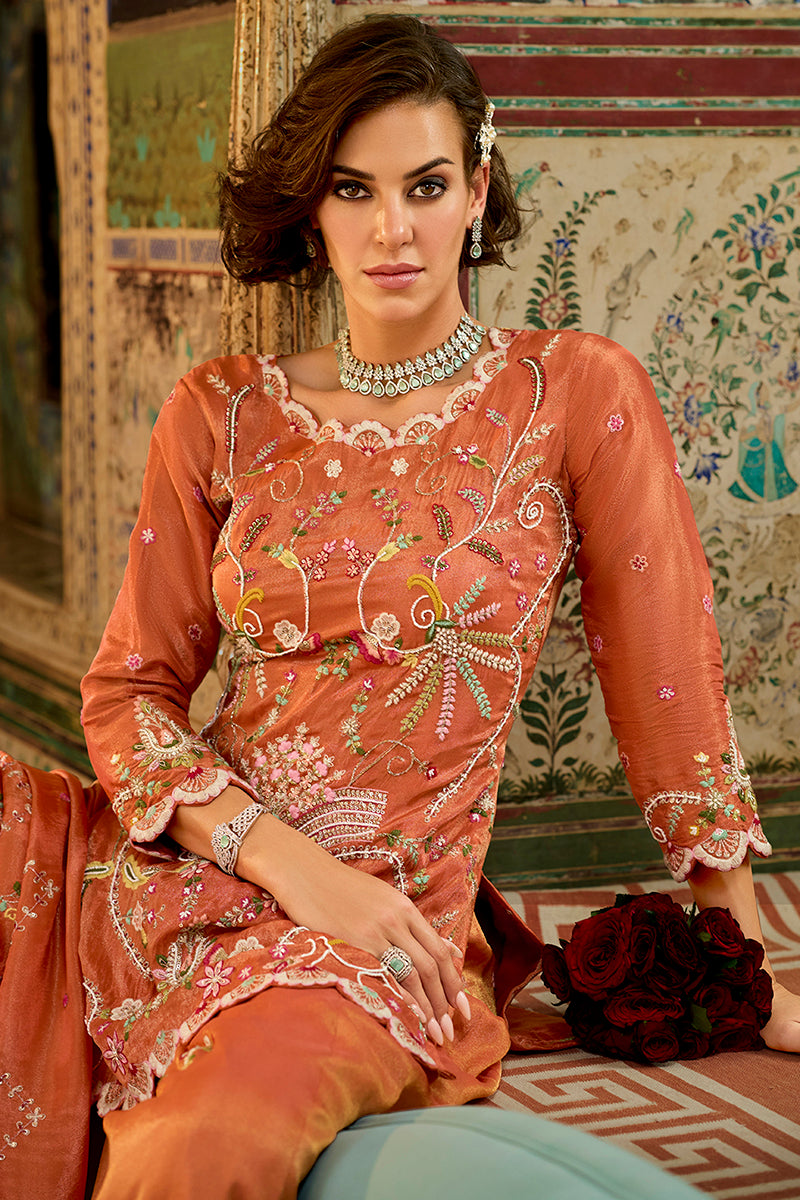 Orange Solid Embroidered Straight Kurta Palaazo with Dupatta PKSKD3003