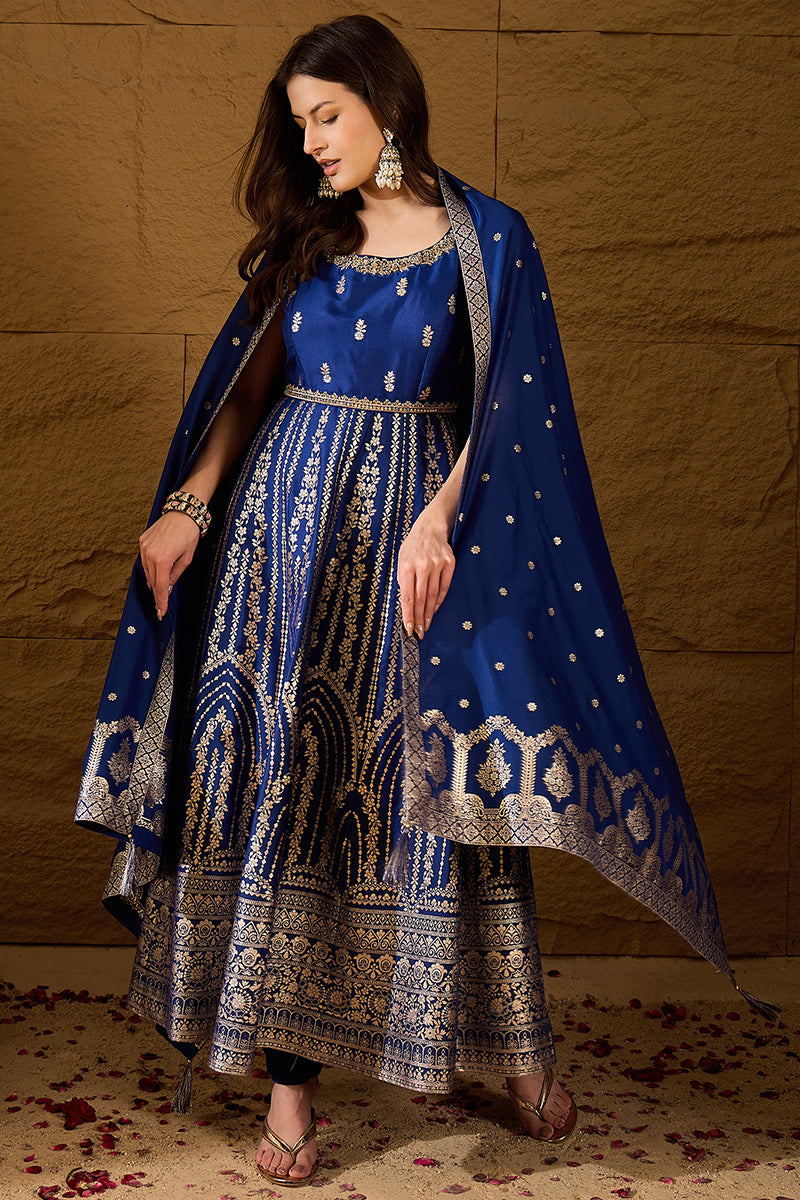 Blue Silk Blend Solid Embroidered Anarkali Kurta Bottom and Dupatta PKSKD3020