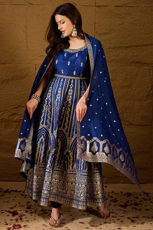 Blue Silk Blend Solid Embroidered Anarkali Kurta Bottom and Dupatta PKSKD3020