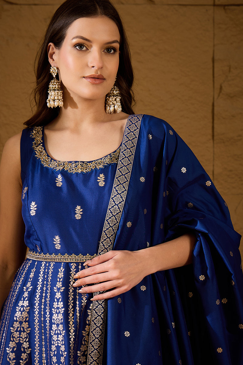 Blue Silk Blend Solid Embroidered Anarkali Kurta Bottom and Dupatta PKSKD3020