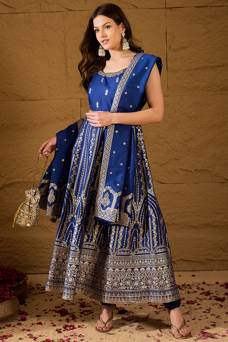 Blue Silk Blend Solid Embroidered Anarkali Kurta Bottom and Dupatta PKSKD3020