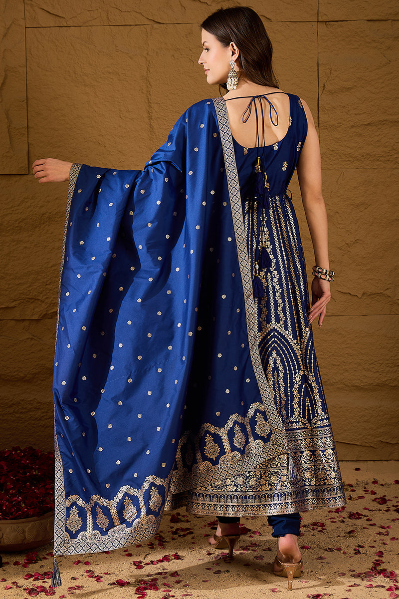 Blue Silk Blend Solid Embroidered Anarkali Kurta Bottom and Dupatta PKSKD3020