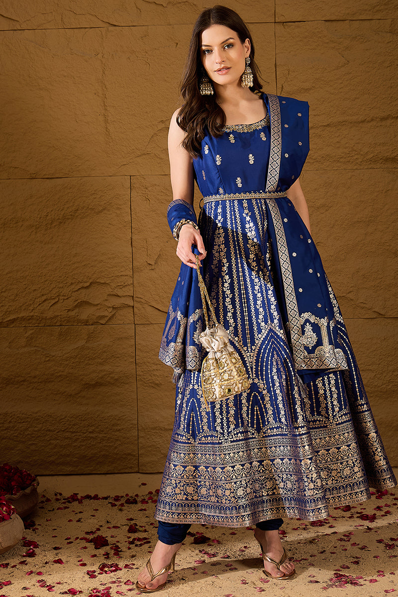 Blue Silk Blend Solid Embroidered Anarkali Kurta Bottom and Dupatta PKSKD3020