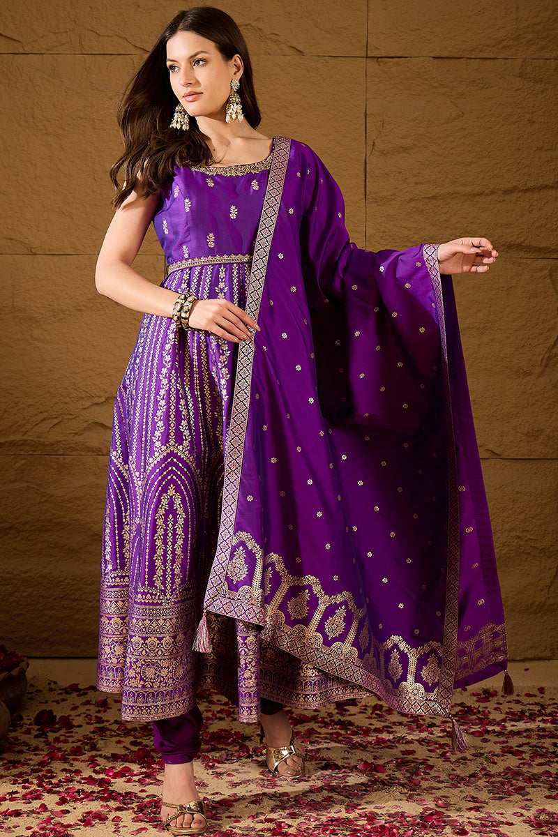Purple Silk Blend Solid Woven Design Anarkali Kurta Churidar With Dupatta PKSKD3021