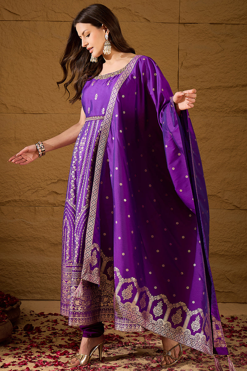 Purple Silk Blend Solid Woven Design Anarkali Kurta Churidar With Dupatta PKSKD3021