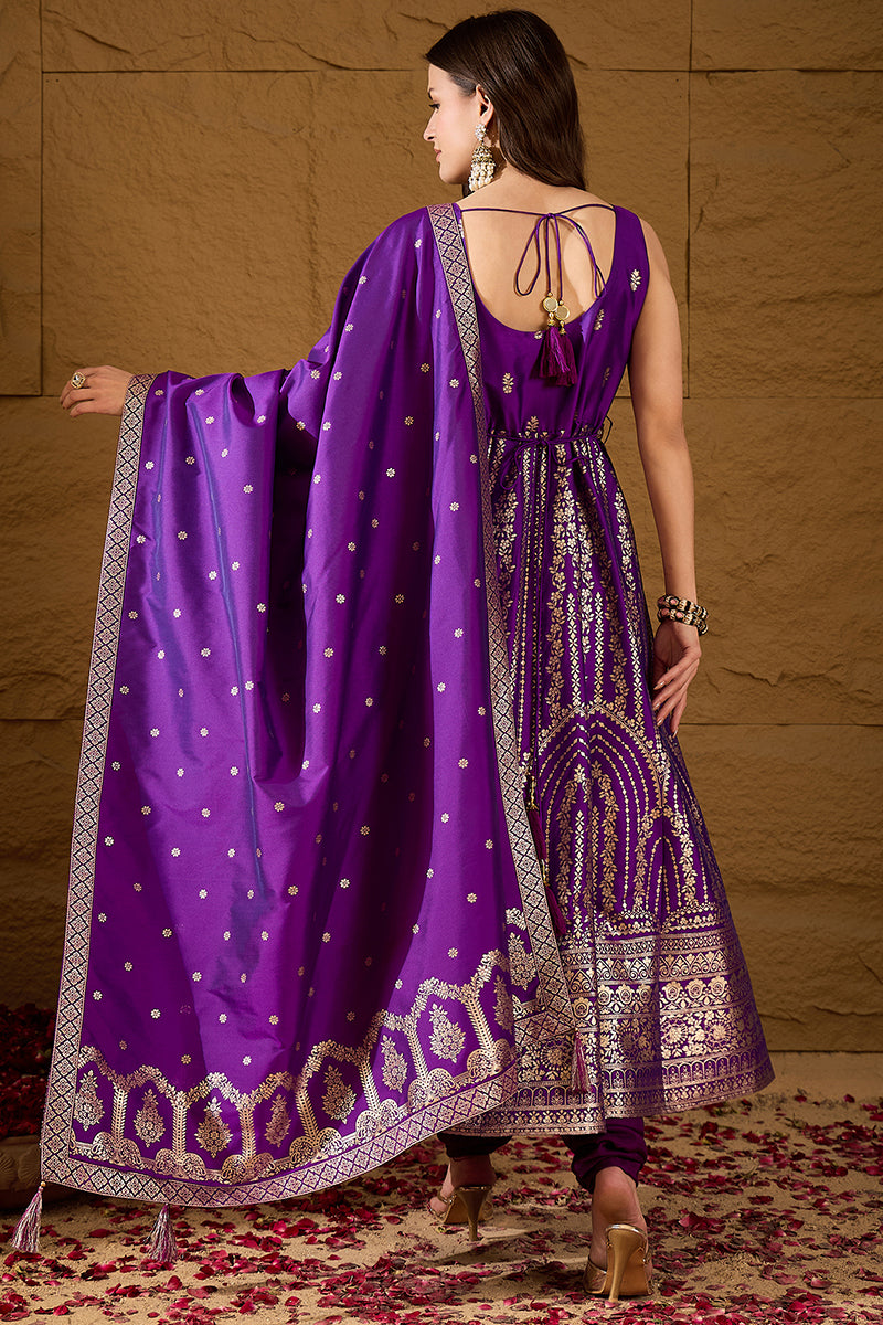 Purple Silk Blend Solid Woven Design Anarkali Kurta Churidar With Dupatta PKSKD3021