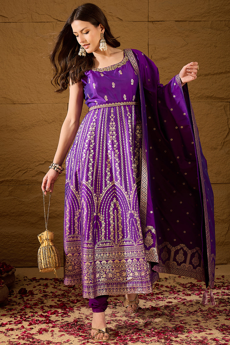 Purple Silk Blend Solid Woven Design Anarkali Kurta Churidar With Dupatta PKSKD3021