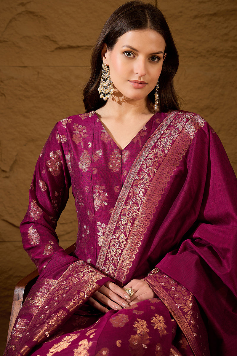 Ahika Womens Pink Chanderi Floral Self Design Gown & Trouser With Dupatta PKSKD3030