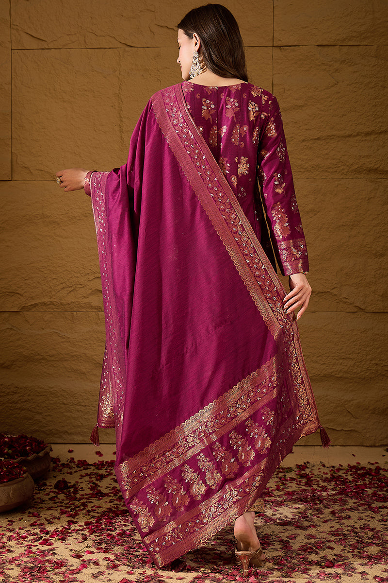 Ahika Womens Pink Chanderi Floral Self Design Gown & Trouser With Dupatta PKSKD3030