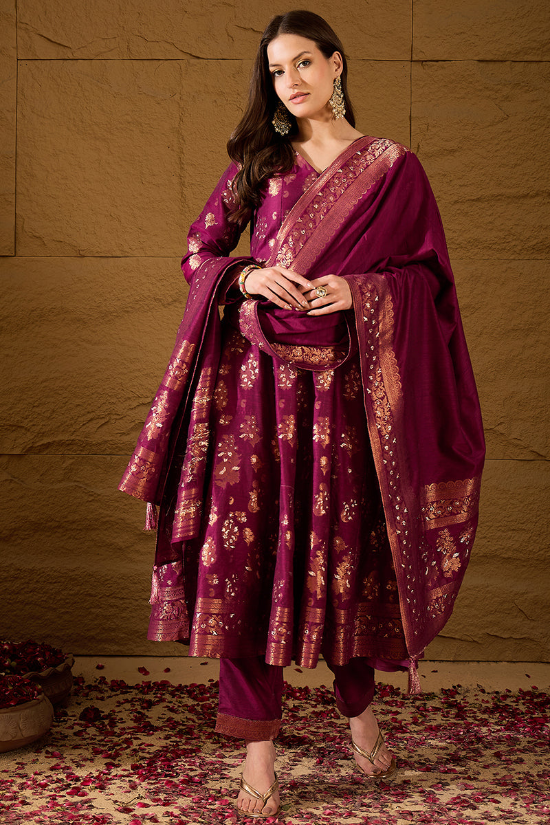 Ahika Womens Pink Chanderi Floral Self Design Gown & Trouser With Dupatta PKSKD3030