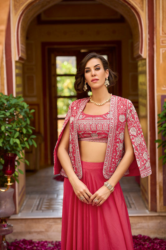 Pink Silk Blend Embroidered Flared Top Bottom With Shrug PKSKD3033