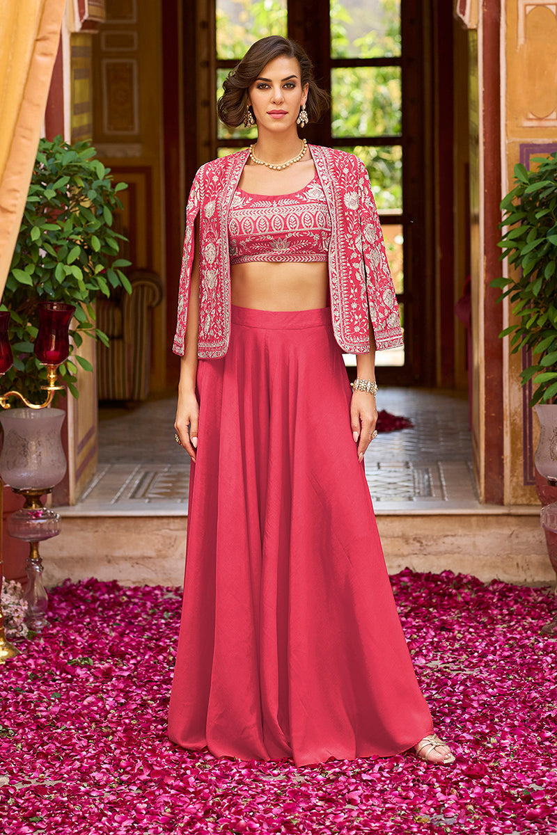Pink Silk Blend Embroidered Flared Top Bottom With Shrug PKSKD3033