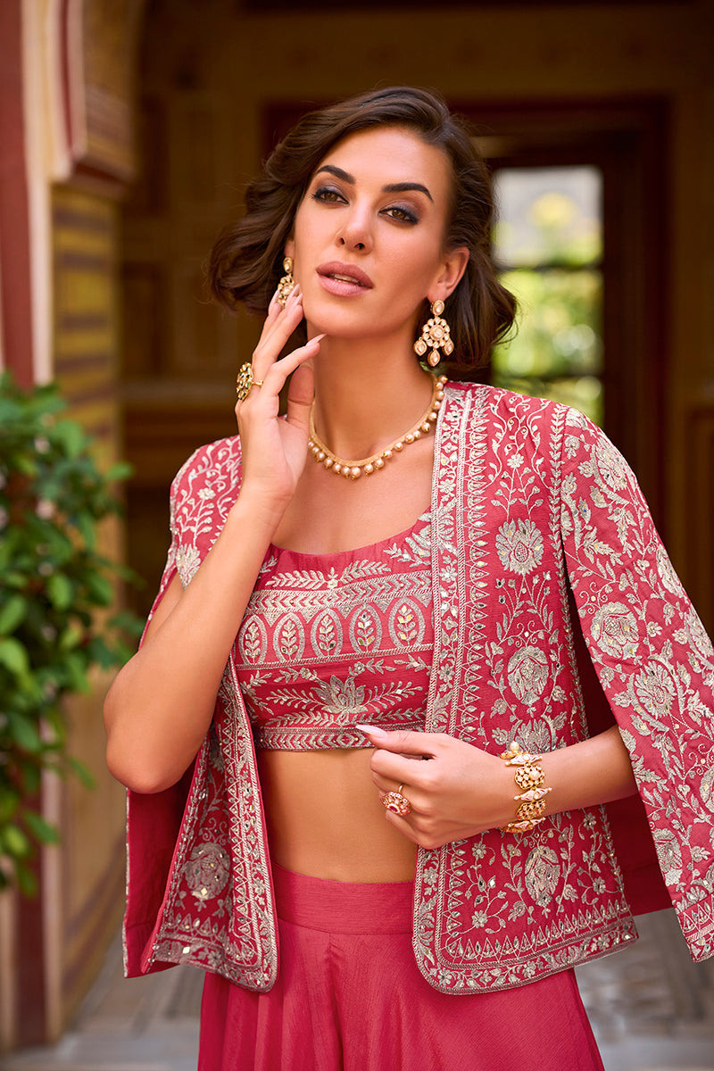 Pink Silk Blend Embroidered Flared Top Bottom With Shrug PKSKD3033