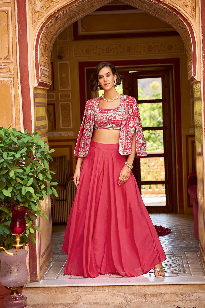 Pink Silk Blend Embroidered Flared Top Bottom With Shrug PKSKD3033