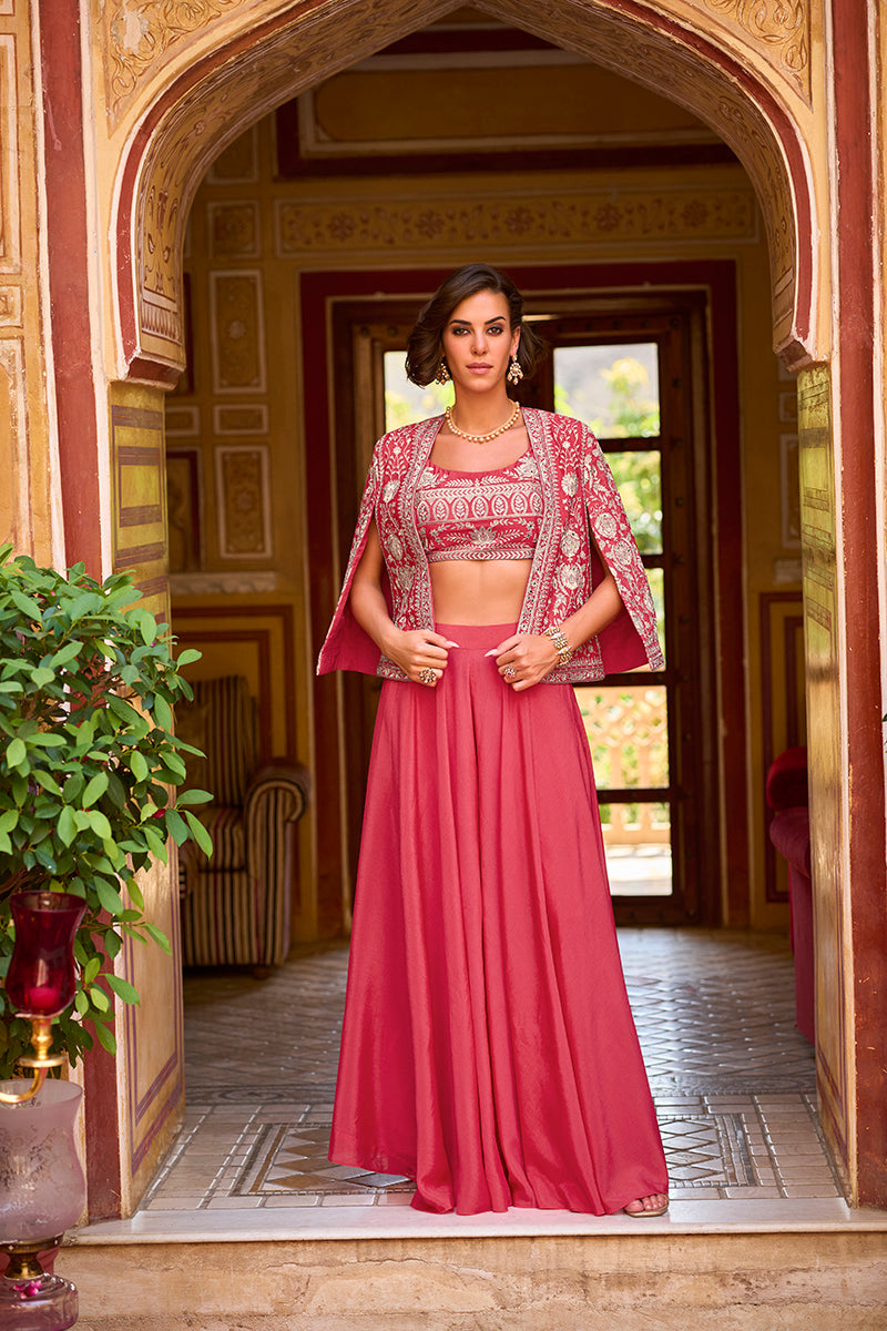 Pink Silk Blend Embroidered Flared Top Bottom With Shrug PKSKD3033