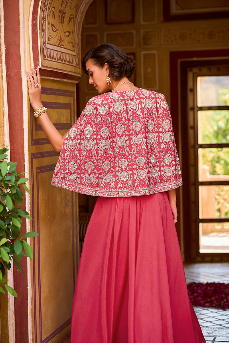 Pink Silk Blend Embroidered Flared Top Bottom With Shrug PKSKD3033