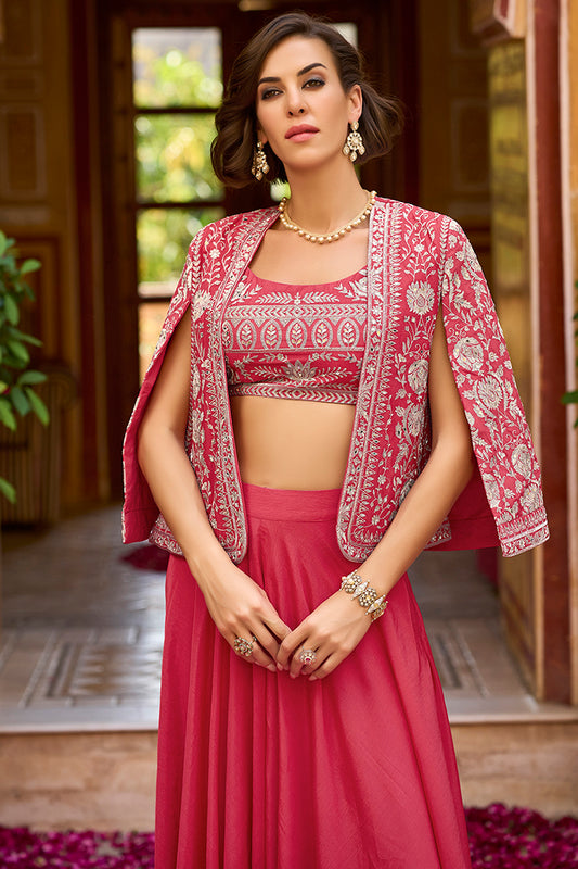 Pink Silk Blend Embroidered Flared Top Bottom With Shrug PKSKD3033