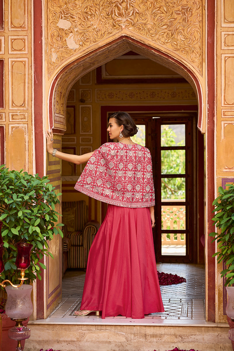 Pink Silk Blend Embroidered Flared Top Bottom With Shrug PKSKD3033