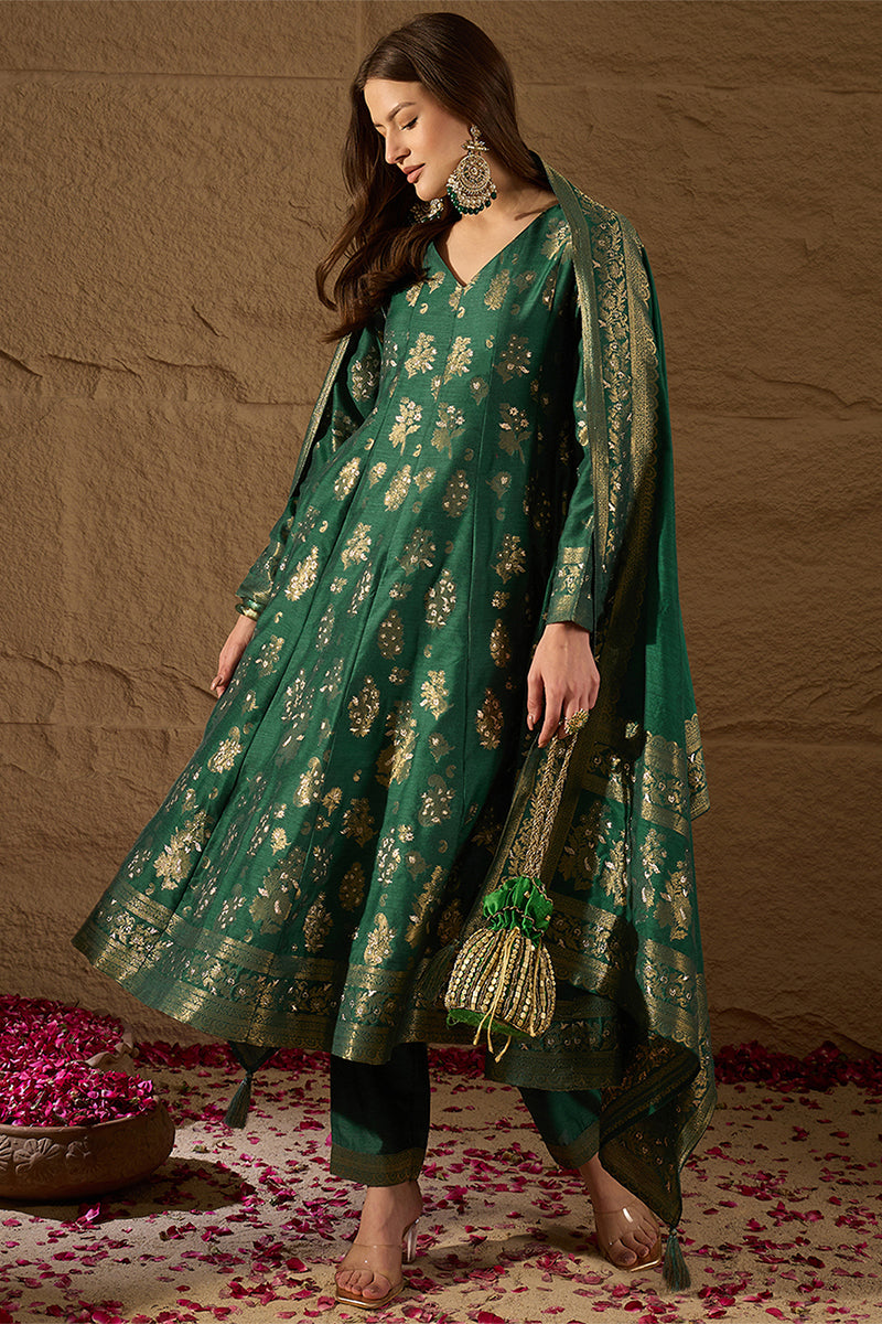 Ahika Womens Green Chanderi Floral Self Design Gown & Trouser With Dupatta PKSKD3034