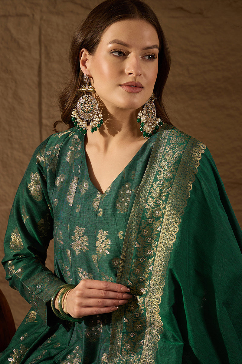 Ahika Womens Green Chanderi Floral Self Design Gown & Trouser With Dupatta PKSKD3034