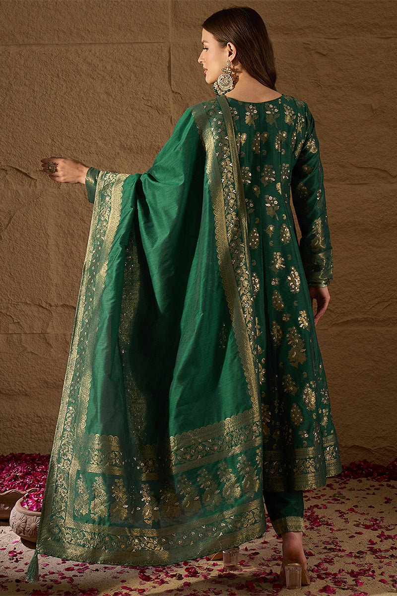 Ahika Womens Green Chanderi Floral Self Design Gown & Trouser With Dupatta PKSKD3034