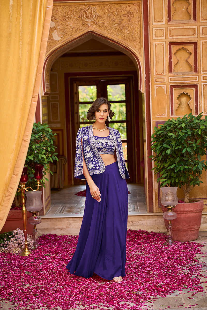 Blue Silk Blend Embroidered Flared Top Bottom With Shrug PKSKD3040