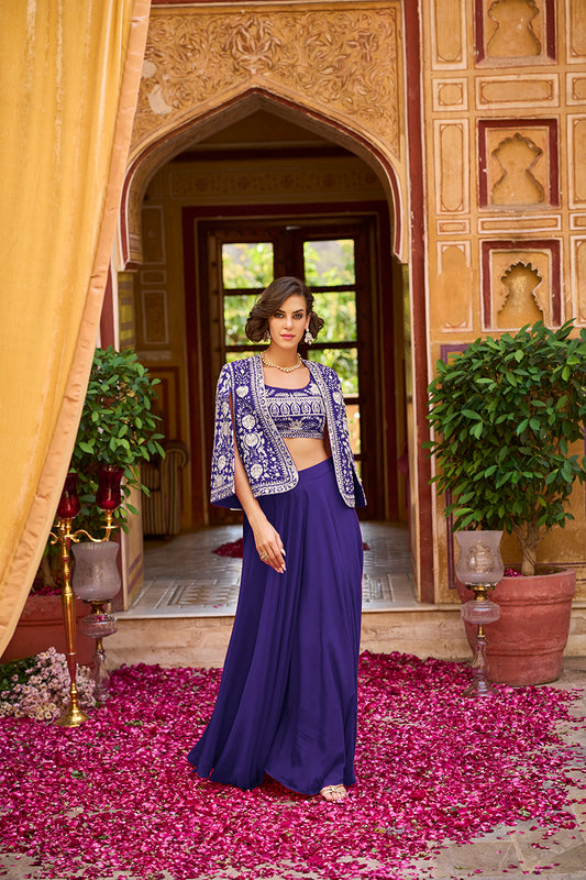 Blue Silk Blend Embroidered Flared Top Bottom With Shrug PKSKD3040